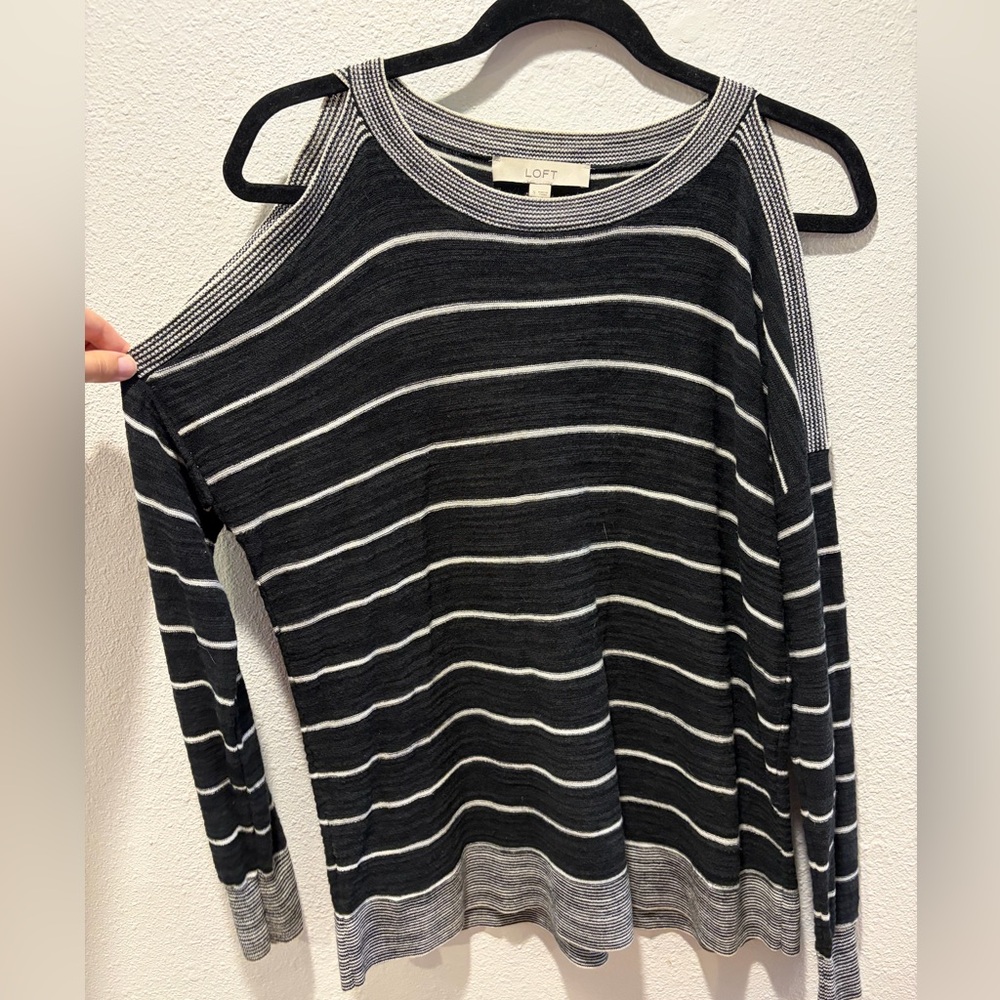 LOFT Off-the-Shoulder Black and White Striped Sweater